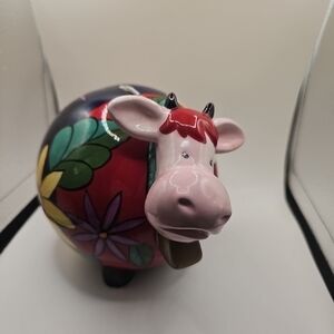 Colorful Ceramic Cow Figurine - Hand-Painted Floral Design Bank Whimsical